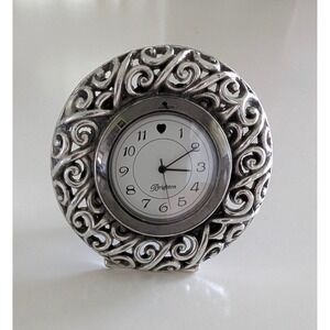 Brighton Silver Tone Filigree Round Desk Clock Heart 2.5" Stand NEW BATTERY